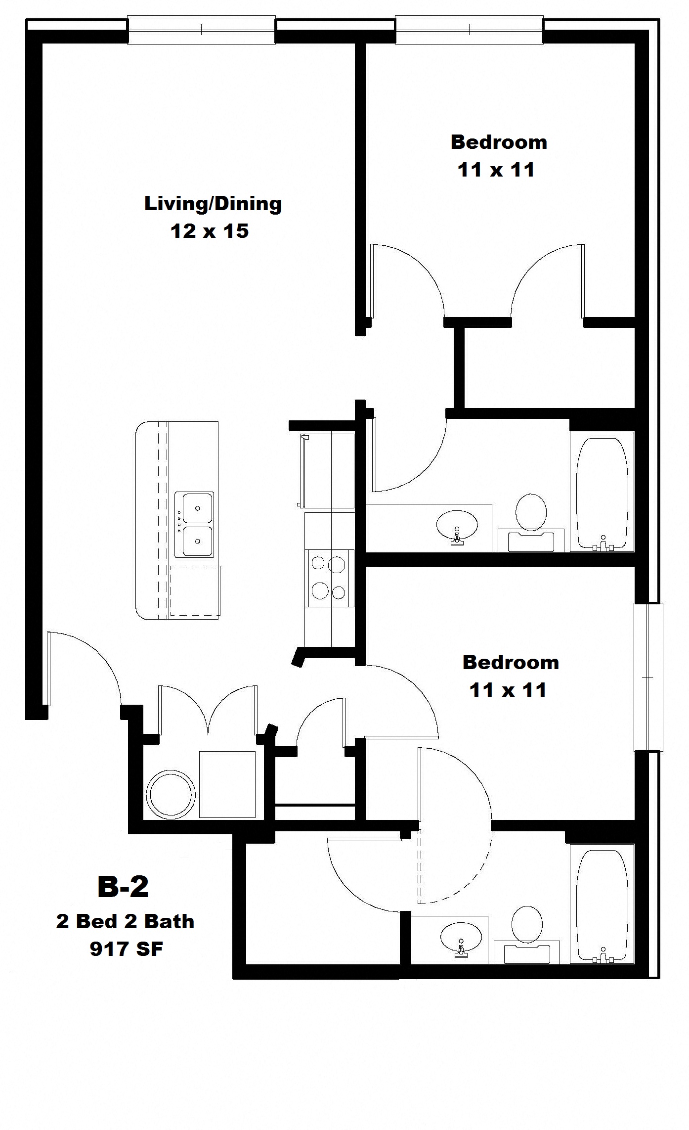 Floor plan for 2 beds, 2 baths, 917 sqft